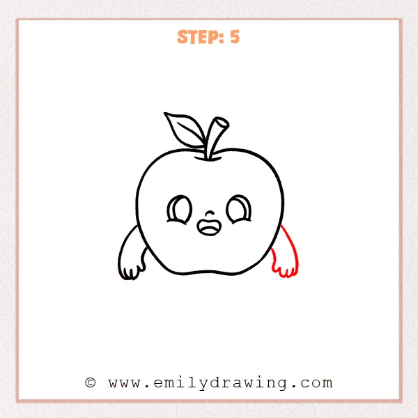 how to draw a cartoon apple - Cartoon apple with leaf, stem, and smiling face, now showing both arms—left arm completed and a matching right arm and mitten hand added.